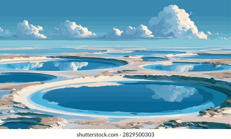 Tranquil Blue Water Pools Reflecting Sky and Clouds Vector Illustration
