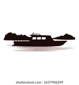 A tranquil boat sailing on a calm river at twilight. Peaceful sunset scene, perfect for travel and