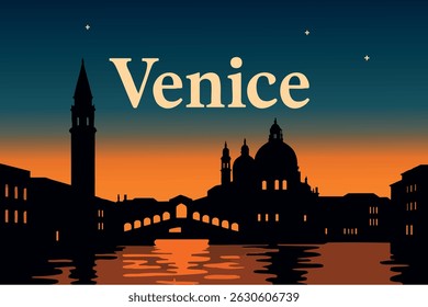 Os canais tranquilos de Veneza ao pôr do sol, com gôndolas flutuando ao longo da água e as cores suaves do céu refletidas na água calma