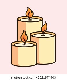 Tranquil Candlelight: Uma Ilustração Vetorial de Três Velas Acesas com Chamas Quentes em um Fundo Rosa Macio para Relaxamento e Ambiência