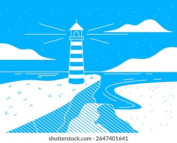 A tranquil coastal scene featuring a detailed illustration of a lighthouse with a guiding light. The composition evokes a sense of safety and direction.