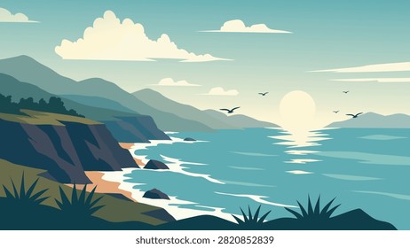 Tranquil Coastal Sunrise Flat Vector Landscape Banner With Green Cliffs And Calm Ocean