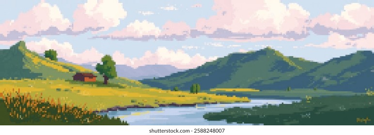 Tranquil countryside landscape in pixel art style with rolling hills and river scene