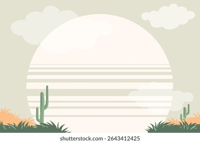 A tranquil desert landscape featuring cactuses and sparse vegetation, silhouetted against a large, muted sun with horizontal stripes and soft clouds
