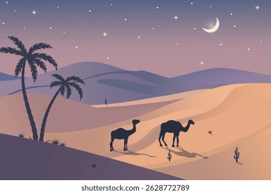 Paisagem Tranquila da Noite do Deserto com Camelos Silhuetados, Lua Crescente, Cactos e Palmeiras Contra Dunas de Areia Rolante e Céu Estrelado Pacífico - Ilustração de Fundo da Natureza Cênica