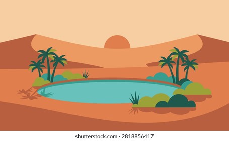 Tranquil desert oasis with a clear blue pool and green palm trees sits nestled among sweeping orange sand dunes.
