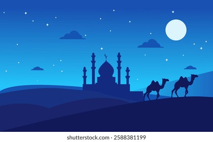 Tranquil desert scene with camels, mosque silhouette, moon, and stars. Ideal for Ramadan, Islamic, or travel themes