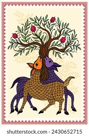 Tranquil Encounter: A Serene Madhubani Depiction of Deer and Tree, Echoes of the Forest: A Handpainted Journey with Deer and Tree in Madhubani. Folk art, Madhubani painting, Handpainted.