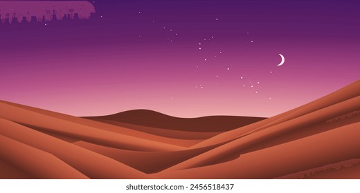 Tranquil evening sky over desert with moon and stars