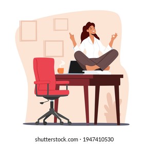 Personaje femenino que hace yoga en el despacho durante la pausa del café. Mujer tranquila que trabaja en el lugar de trabajo. Mujer de negocios relajada en Lotus Position Sit at Office Desk. Ilustración del vector de dibujos animados