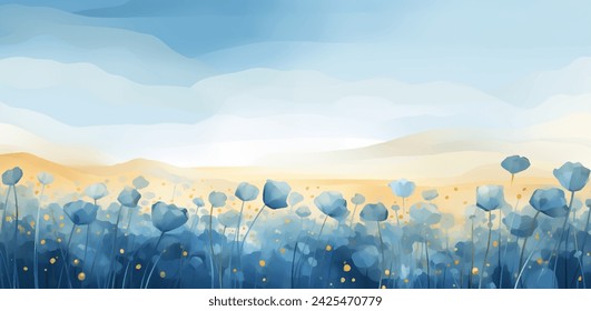 A tranquil field of blue flowers under clear sky vector illustration. Vast field of blue flowers, their blooms blanketing the landscape in a sea of blue. Peaceful scene evokes feelings of tranquility 