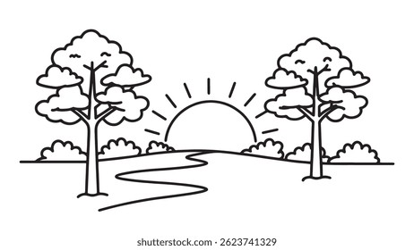 Tranquil forest landscape with lush trees illuminated by the warm colors of a setting sun line art flat vector illustration.