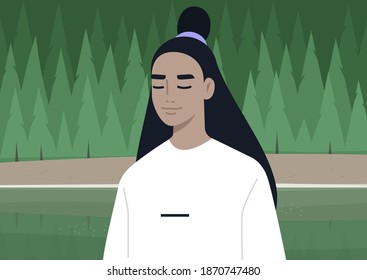 A tranquil forest meditation, a young female Asian character resting with closed eyes