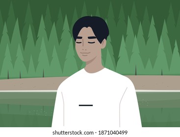 A tranquil forest meditation, a young male Asian character resting with closed eyes