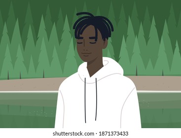 A tranquil forest meditation, a young male Black character resting with closed eyes