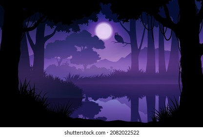 Tranquil forest night landscape with river, owl and moonlight