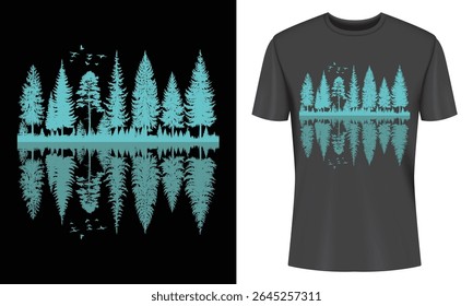 Tranquil Forest Reflection T Shirt Design with Flying Birds Silhouette