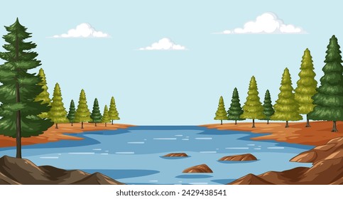 Tranquil forest scene with a calm blue lake