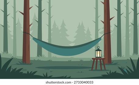 A tranquil forest scene featuring a blue hammock strung between two trees, with a lit lantern on a stool nearby, evoking peace and outdoor leisure.