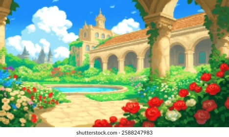 Tranquil garden courtyard with red roses and blue sky in pixel art style