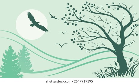 Tranquil green nature landscape vector with a large tree, flying birds, rolling hills, and evergreen trees. Ideal for serene environmental and outdoor themes.
