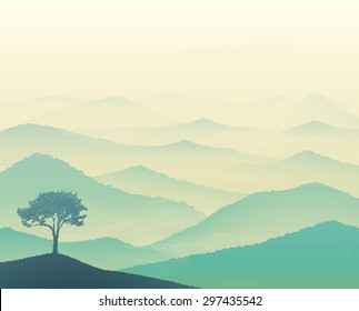 Tranquil hills, vista landscape with tree, early morning in mountains, vector, foggy dream landscape