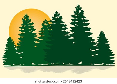 A tranquil illustration featuring dark green pine trees silhouetted against a large, warm orange setting or rising sun