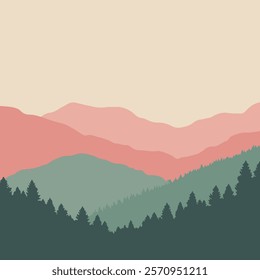 A tranquil illustration of layered mountains in soft pastel colors, featuring a gradient sky and dense evergreen forests in the foreground. 