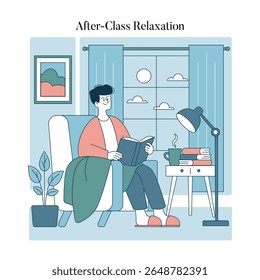 Uma ilustração tranquila mostrando a felicidade de relaxar após a aula com leitura acolhedora e uma atmosfera calmante