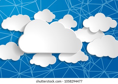 tranquil illustration of white paper clouds collection on wire network blue sky background