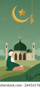 Tranquil Islamic Illustration with Crescent Moon, Holy Book, and Lanterns