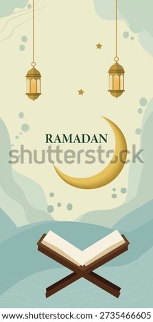 Tranquil Islamic Illustration with Crescent Moon, Holy Book, and Lanterns