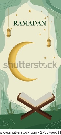 Tranquil Islamic Illustration with Crescent Moon, Holy Book, and Lanterns