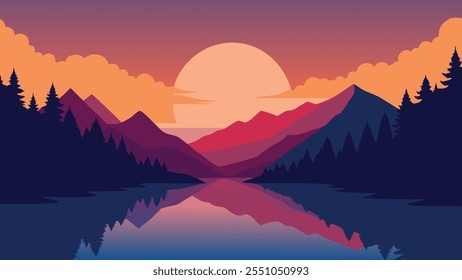 Tranquilo lago rodeado de montañas y árboles, que refleja los colores vibrantes de una Ilustración vectorial plana al atardecer.