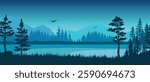 A tranquil lake reflects the soft blue hues of the evening sky. Tall trees border the shoreline while distant mountains rise in the background creating a peaceful atmosphere.