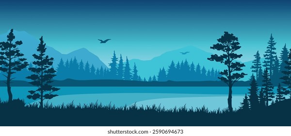 A tranquil lake reflects the soft blue hues of the evening sky. Tall trees border the shoreline while distant mountains rise in the background creating a peaceful atmosphere.
