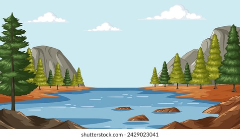 Tranquil lake scene with trees and mountains