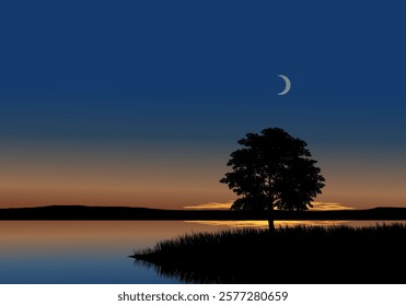 Tranquil lake sunset landscape with a tree in the foreground