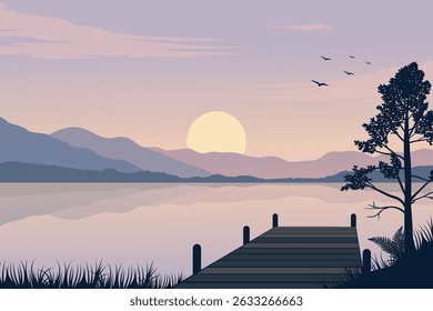 Tranquil Lake Sunset Scene with Wooden Pier, Silhouetted Tree and Flying Birds, Glowing Sun, Calm Reflective Water, and Distant Mountain Range Under a Vibrant Evening Sky