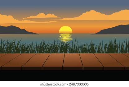 Tranquil lake sunset view with wooden pier