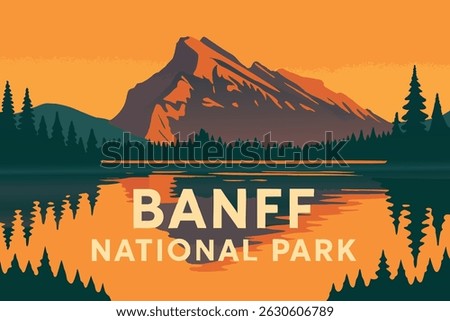 A tranquil lake surrounded by towering snow-capped peaks in Banff National Park, with dense pine forests adding to the natural beauty