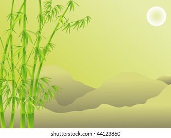 tranquil landscape with bamboo thickets on the background of the mountains