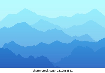 Tranquil landscape blue background with mountains. Beautiful view from height, vector illustration drawn in multi-layer technique.