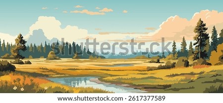 A tranquil landscape features expansive green meadows adorned with vibrant wildflowers. A gentle stream winds through the scene, with distant mountains and soft clouds enhancing the peaceful atmospher