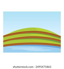 Tranquil landscape featuring rolling green hills sloping down to the edge of a calm blue lake, all under a serene blue sky