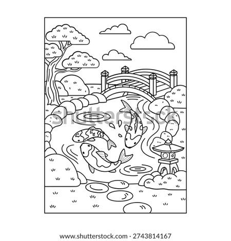 Tranquil landscape with koi fish in pond stone lantern arched bridge clouds water