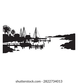 Tranquil landscape silhouette showing small wooden pier with moored boats near rural coastal house and trees. Distant rocky hills frame peaceful harbor scene, capturing calm atmosphere of seaside village for travel posters, nature projects, adventure branding and outdoor lifestyle themes.