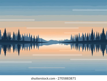Paisagem Tranquila: Floresta Estilizada e Lago Refletindo o Pôr do Sol H