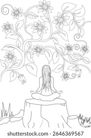 Tranquil Line Art of a Woman Meditating in Lotus Position Amidst Flourishing Flowers, Promoting Peace, Wellness, and Nature Connection.