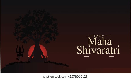 A tranquil Maha Shivaratri artwork depicting Lord Shiva meditating under a sacred tree at sunset, with a Trishul standing beside him. The warm hues and diya-lit ambiance symbolize divine